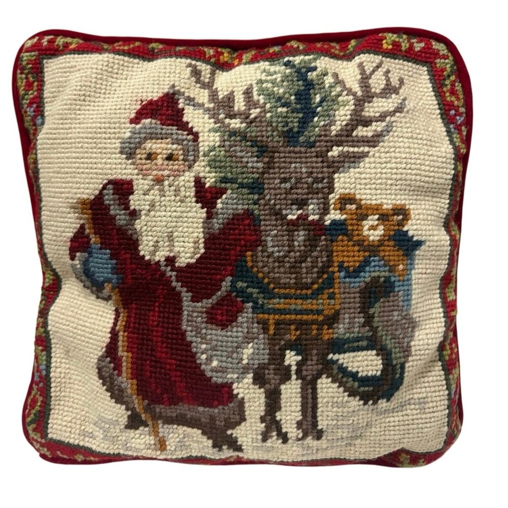 Vintage Christmas Accent Needlepoint Santa & Reindeer Pillow Red Velvet 9x9"